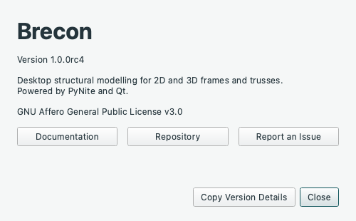 About window with version, license and Repository button