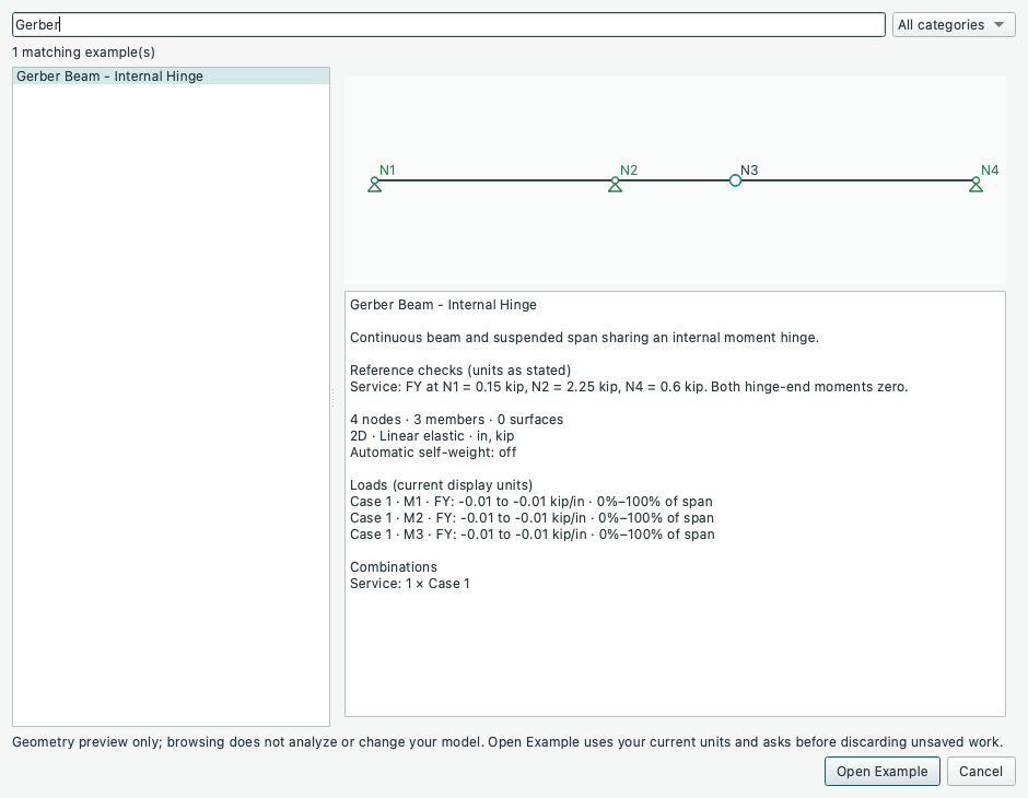 Native example browser filtered to the Gerber beam with geometry and loading summary