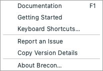 Help menu with documentation, shortcuts and support commands