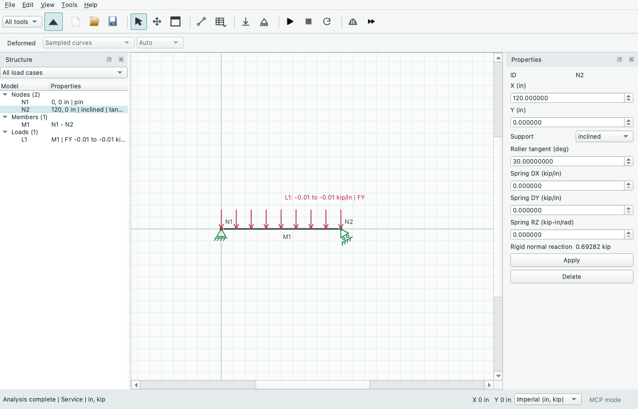 Native inclined-roller symbol, staged tangent-angle field and normal reaction