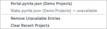 Recent Projects menu with an unavailable slab file and history cleanup actions