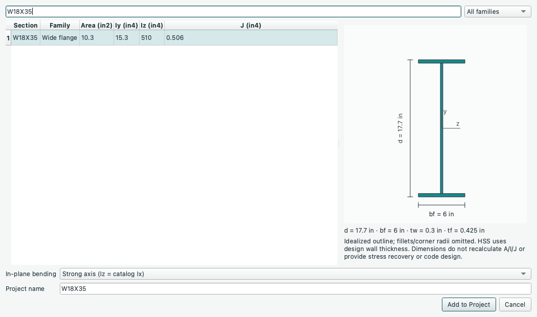 Native section chooser with dimensions, numerical properties and axis orientation