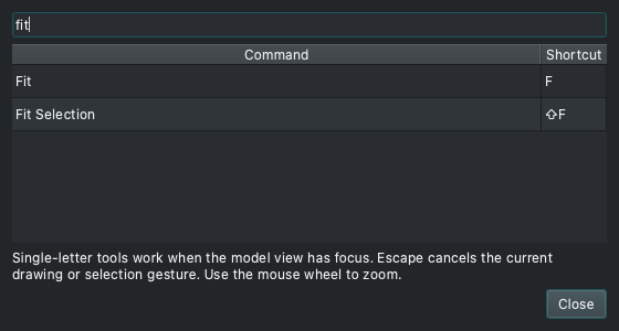 Dark shortcut reference filtered to Fit and Fit Selection