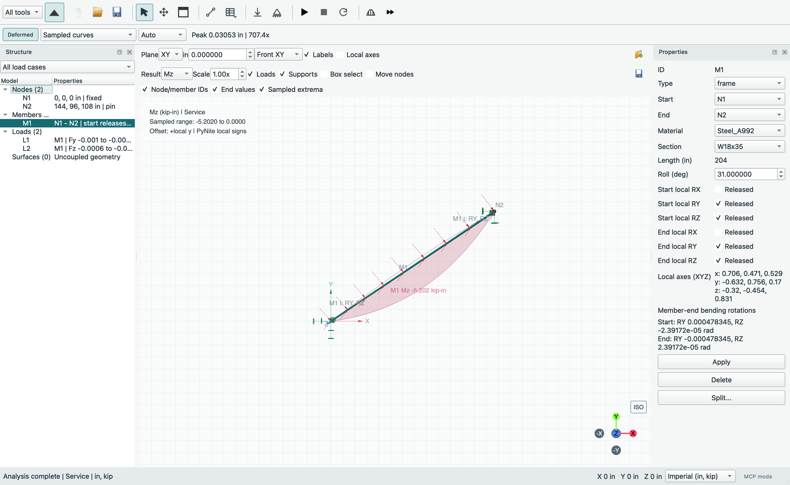 Native inclined-beam example with local RY/RZ release controls and recovered member-end slopes