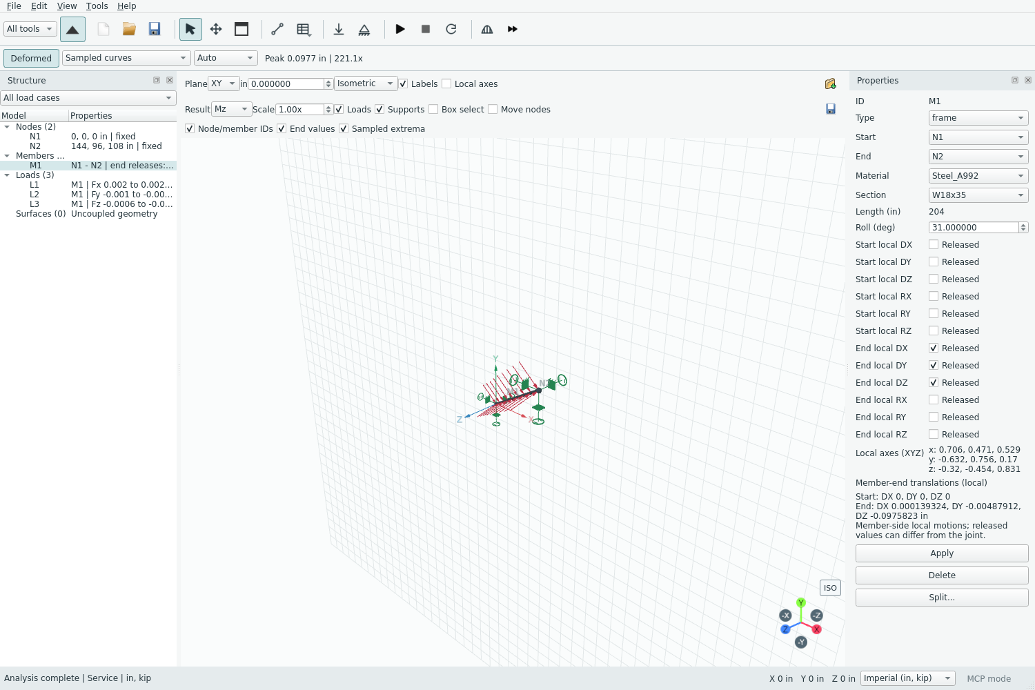 Native standalone sliding-beam example with local end-release controls and recovered member-side translations