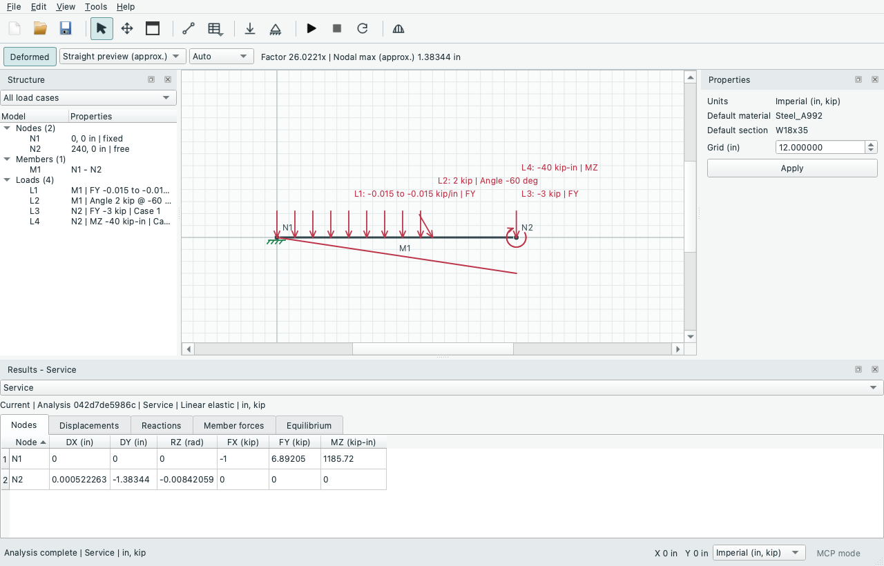 Cantilever straight deformation preview with undeformed reference and nodal-only maximum