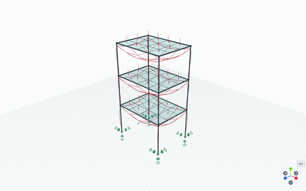 Three-storey frame with three slab surfaces, downward pressures and red deformation overlay